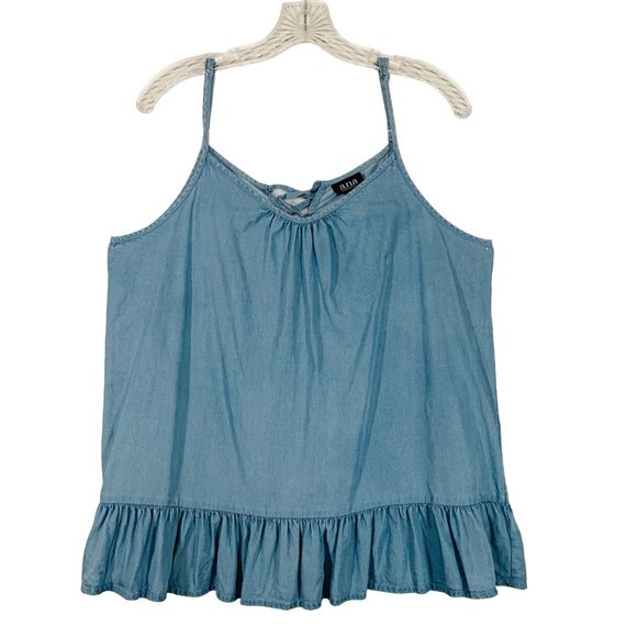 a.n.a. Womens Chambray Tank Top Ruffle Hem Size L Lace Up Back Adjustable Strap - Picture 3 of 10